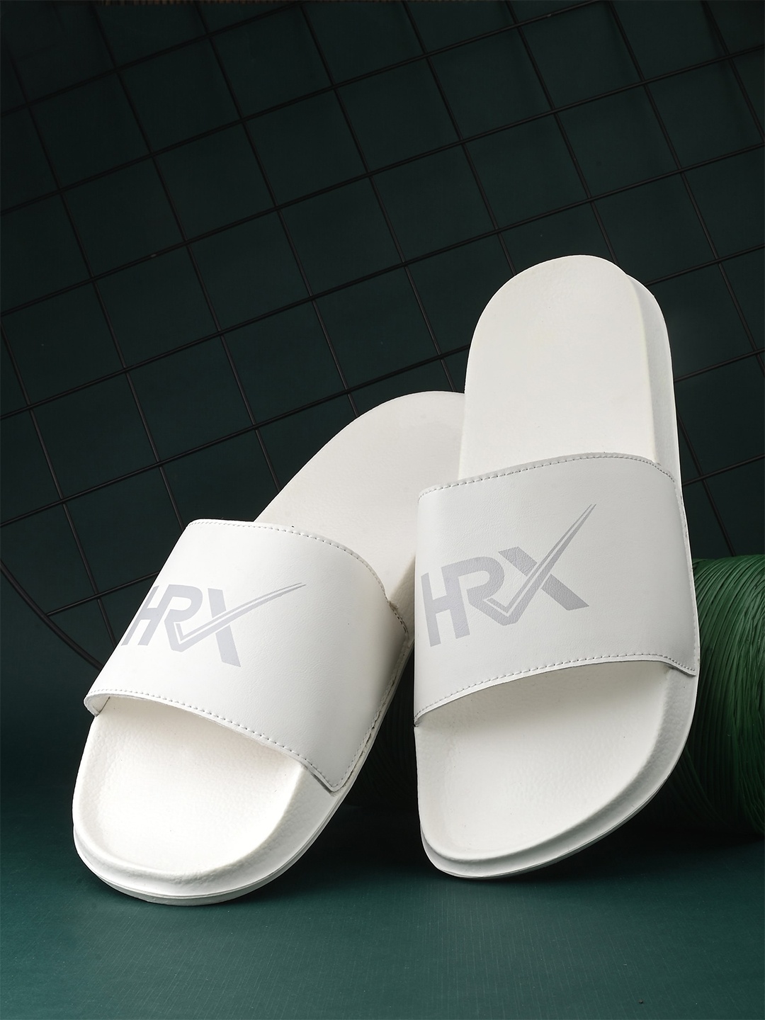 

HRX by Hrithik Roshan Men White & Grey Brand Logo Printed Sliders