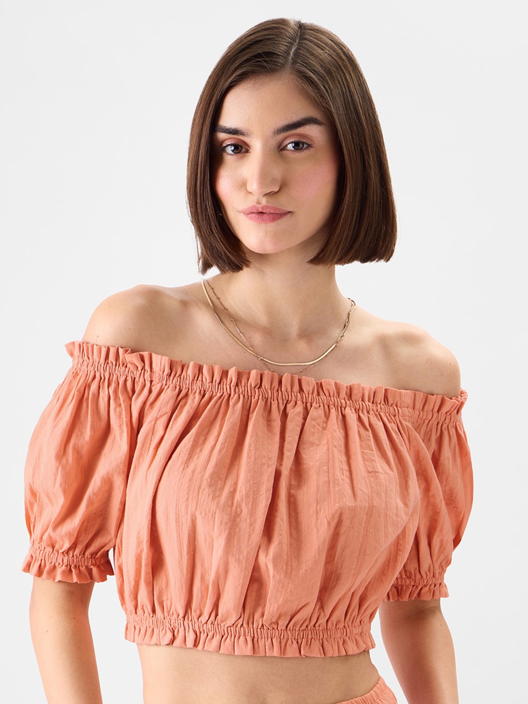 

The Souled Store Off-Shoulder Cotton Crop Top, Orange