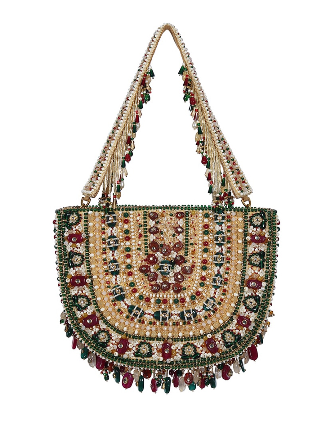 

Lovetobag Beige & Green Embellished Half Moon Clutch