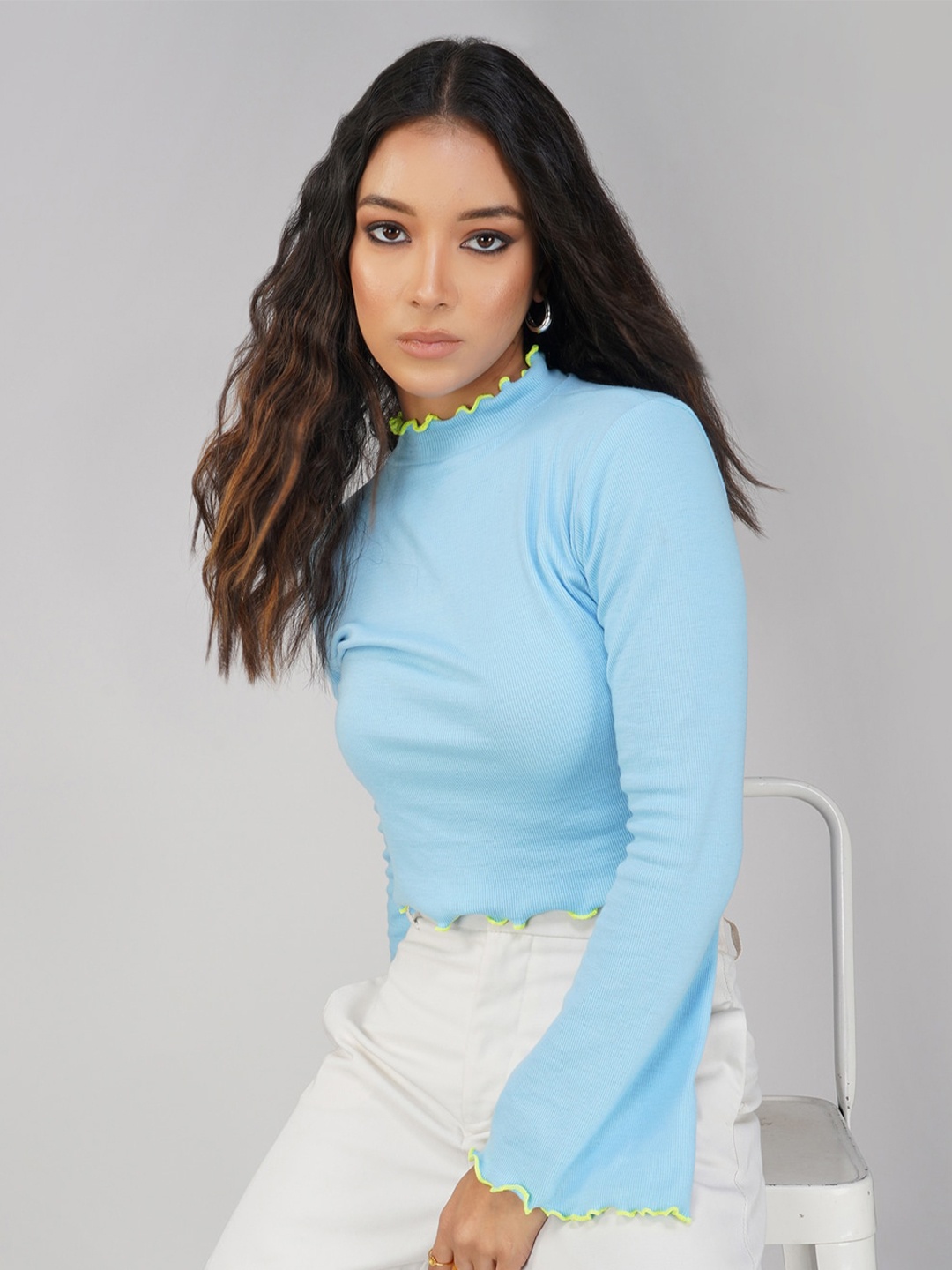 

Lagashi High Neck Bell Sleeves Fitted Crop Top, Blue