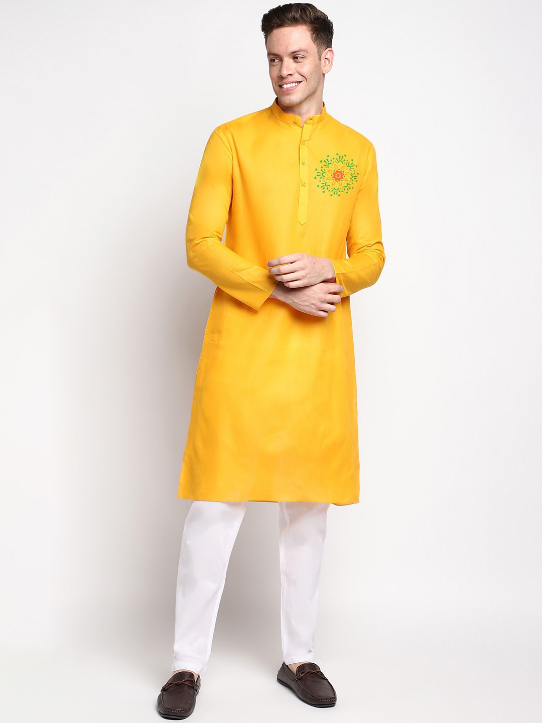 

DEVOILER Ethnic Motifs Printed Band Collar Kurta, Yellow