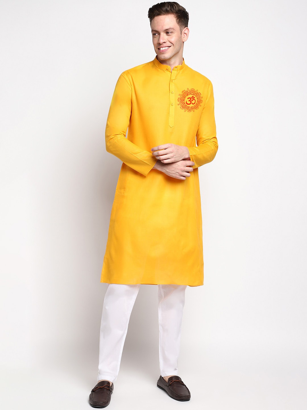 

DEVOILER Ethnic Motifs Band Collar Long Sleeve Straight Kurta, Yellow