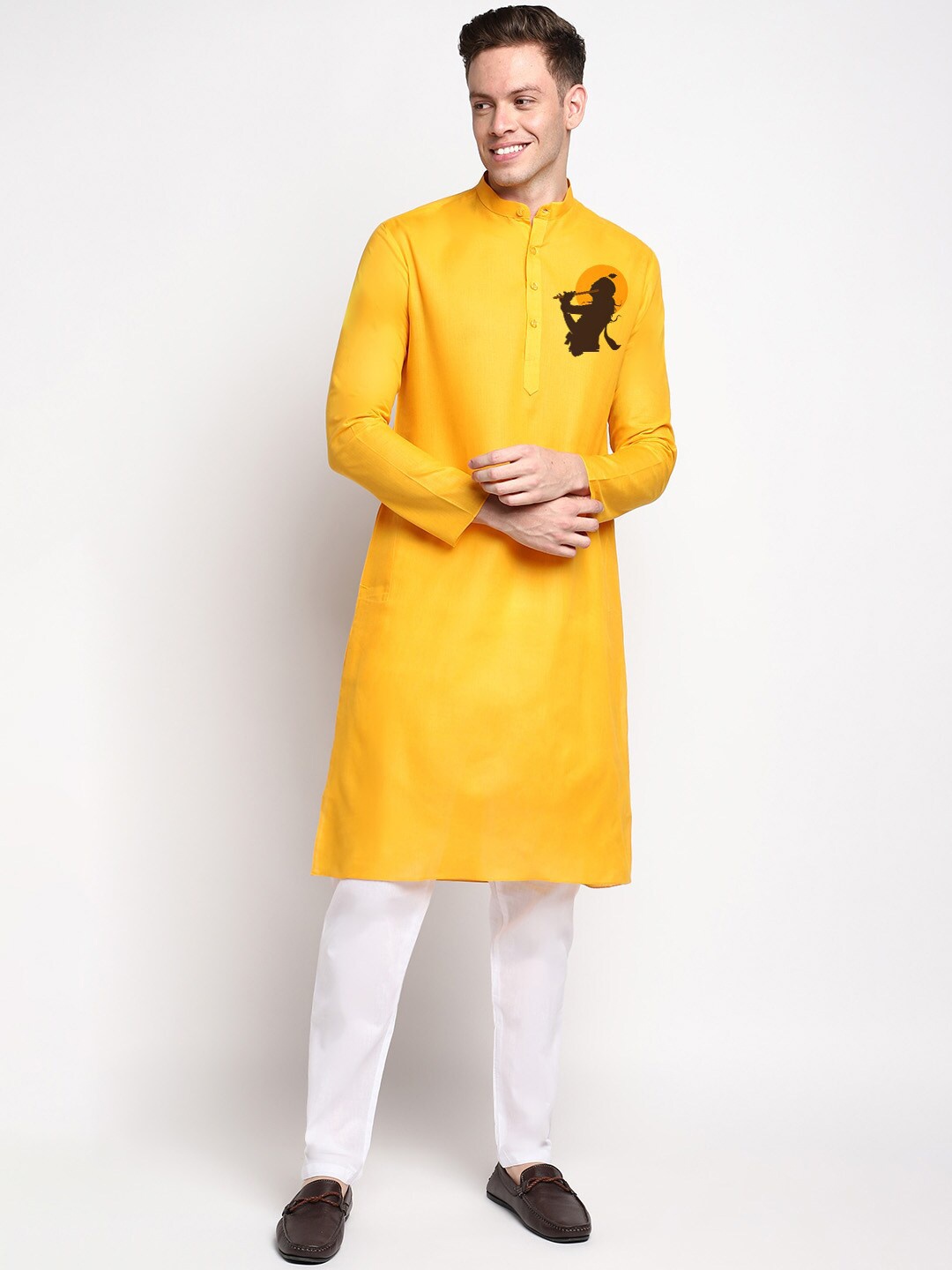 

DEVOILER Ethnic Motifs Printed Band Collar Kurta With Pyjamas, Yellow