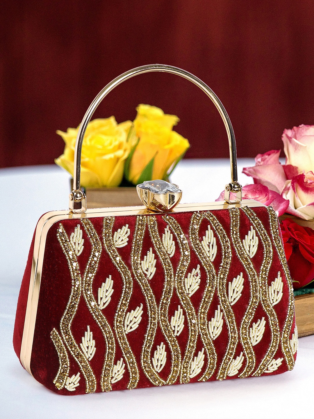 

Exotic Embellished Box Clutche, Maroon