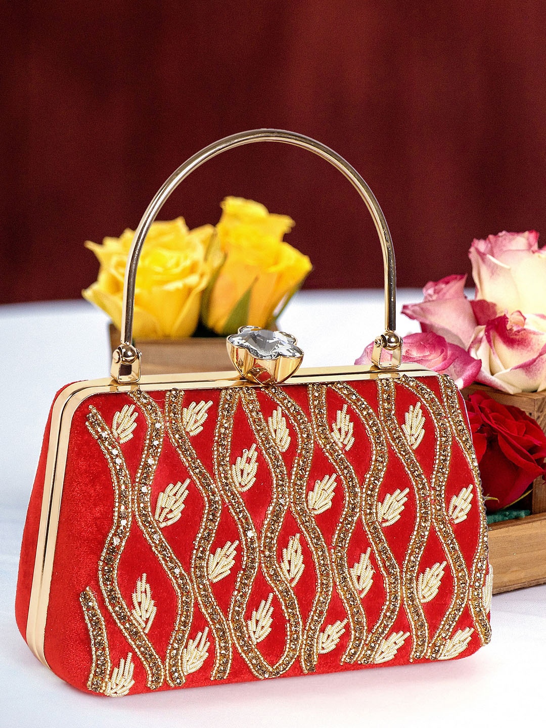 

Exotic Embellished Suede Box Clutch, Red