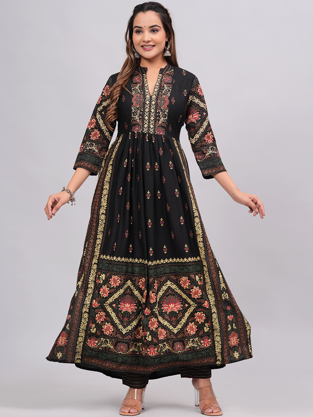 

KALINI Ethnic Motifs Printed Sequinned Mandarin Collar Anarkali Kurta Witrh Trousers, Black