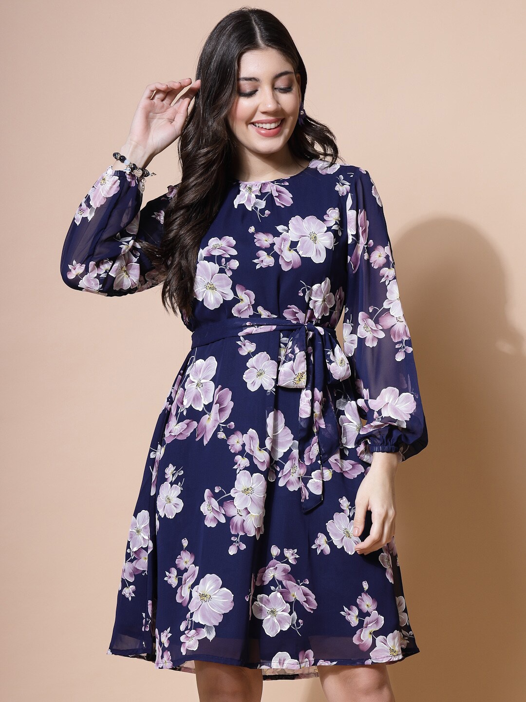 

Chanira La Parezza Floral Printed Puff Sleeve Fit & Flare Tie-Up Dress, Navy blue