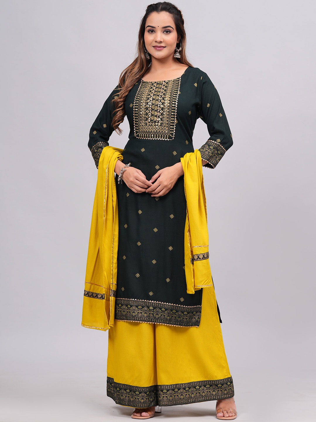 

KALINI Ethnic Motifs Embroidered Thread Work Kurta With Sharara & Dupatta, Green