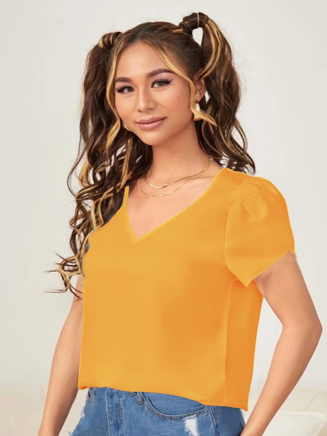 

Dream Beauty Fashion V-Neck Puff Sleeve Regular Top, Yellow
