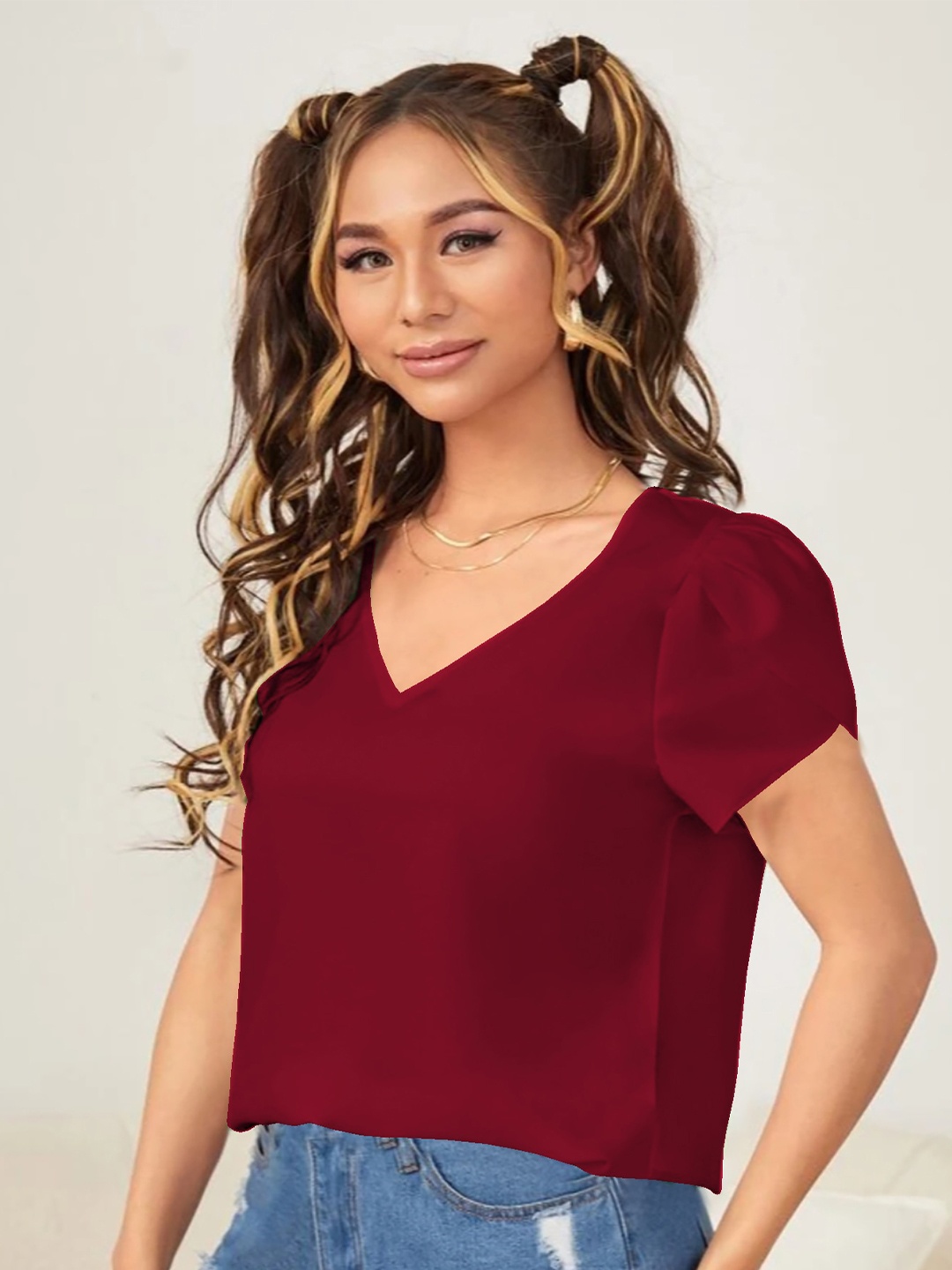 

Dream Beauty Fashion V-Neck Puff Sleeve Regular Top, Maroon