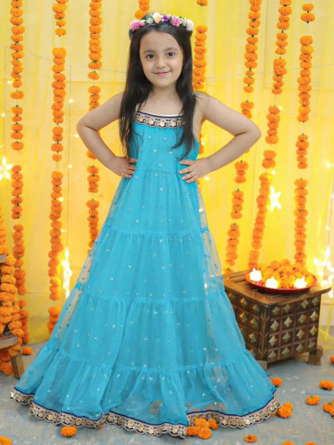 

Lil Peacock Girls Embellished Shoulder Straps Sequined Tiered Maxi Ethnic Dress, Turquoise blue