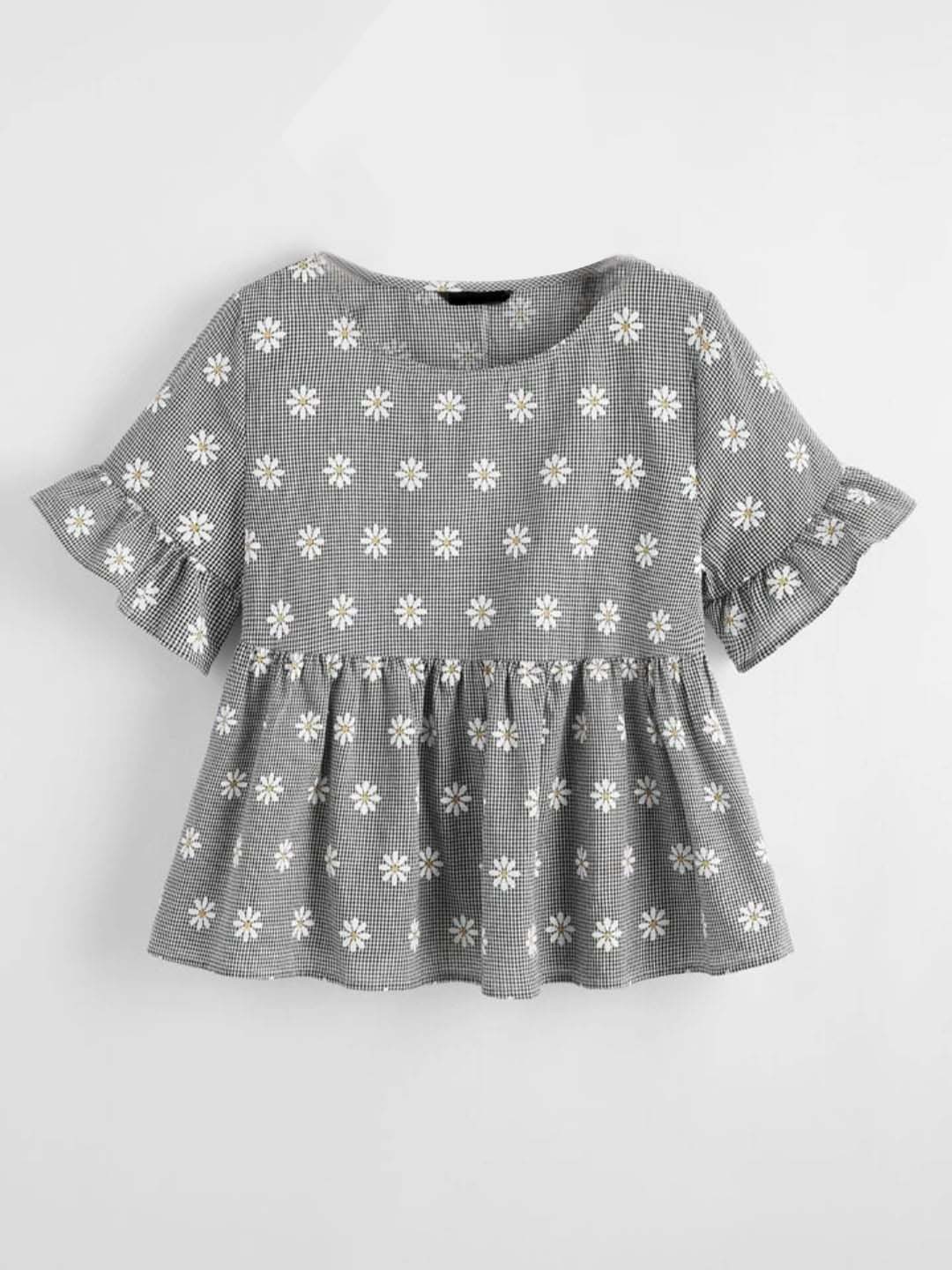 

Dream Beauty Fashion Floral Printed Bell Sleeve Peplum Top, Black