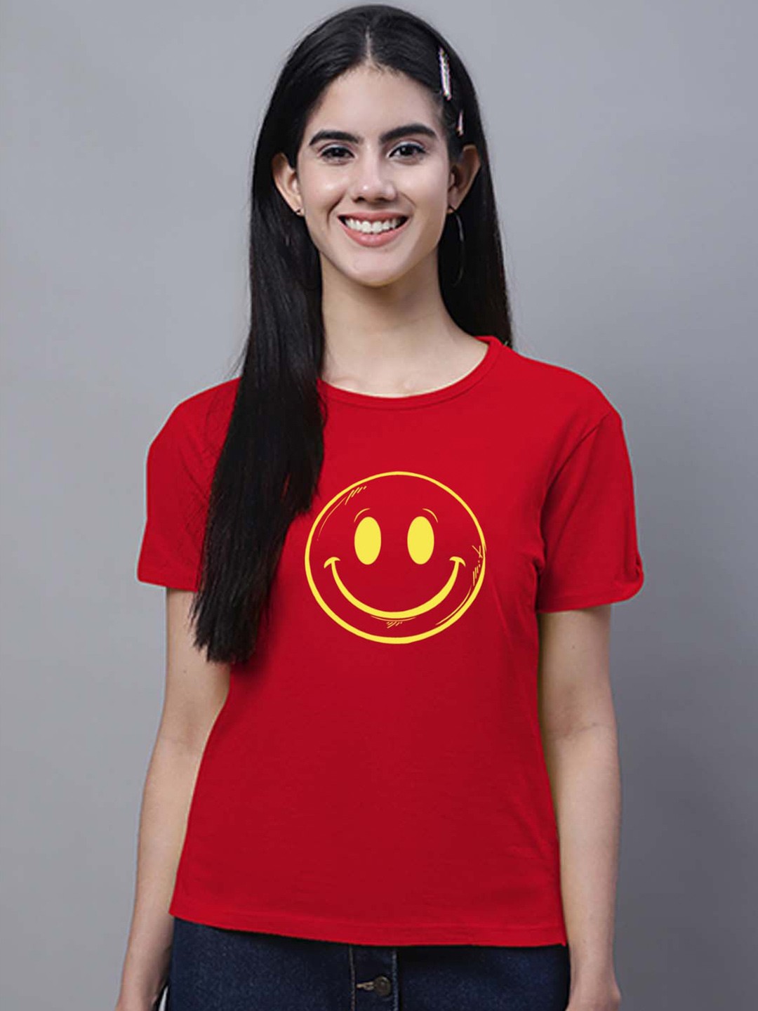 

FBAR Smile Printed Slit Sleeves Pure Cotton T-shirt, Red