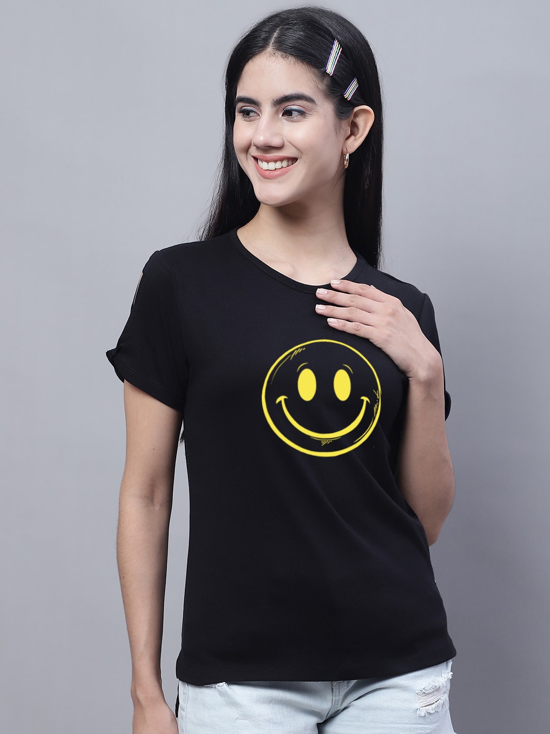 

FBAR Smile Printed Slit Sleeves Pure Cotton T-shirt, Black