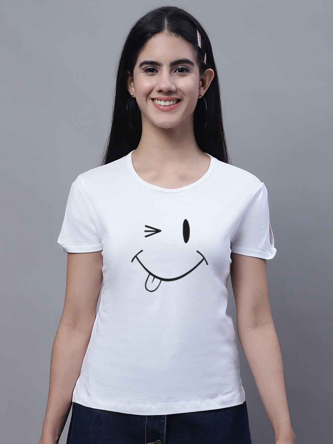 

FBAR Smile Printed Slit Sleeves Pure Cotton T-shirt, White