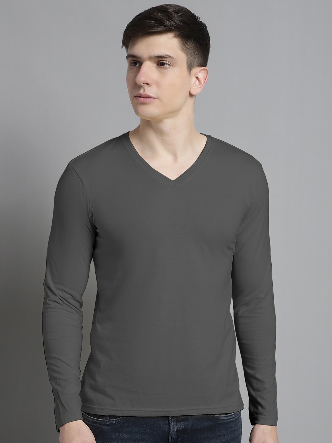 

FBAR Long Sleeves V-Neck Pure Cotton T-shirt, Grey