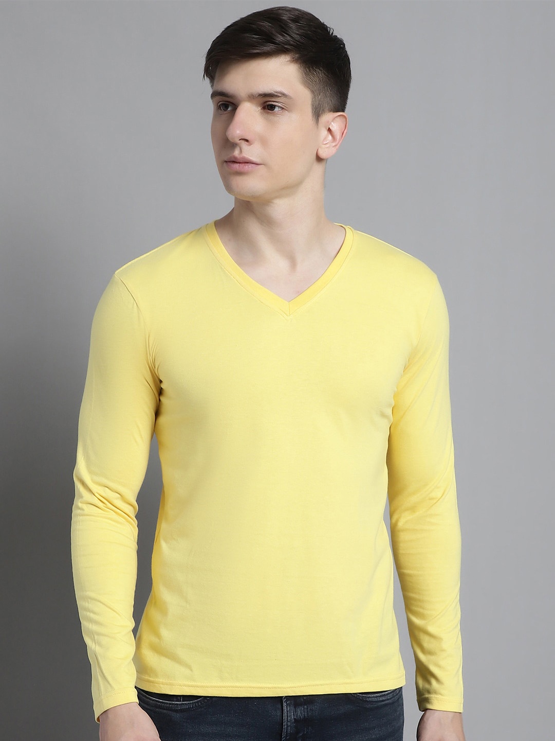 

FBAR V-Neck Long Sleeves Pure Cotton T-shirt, Yellow