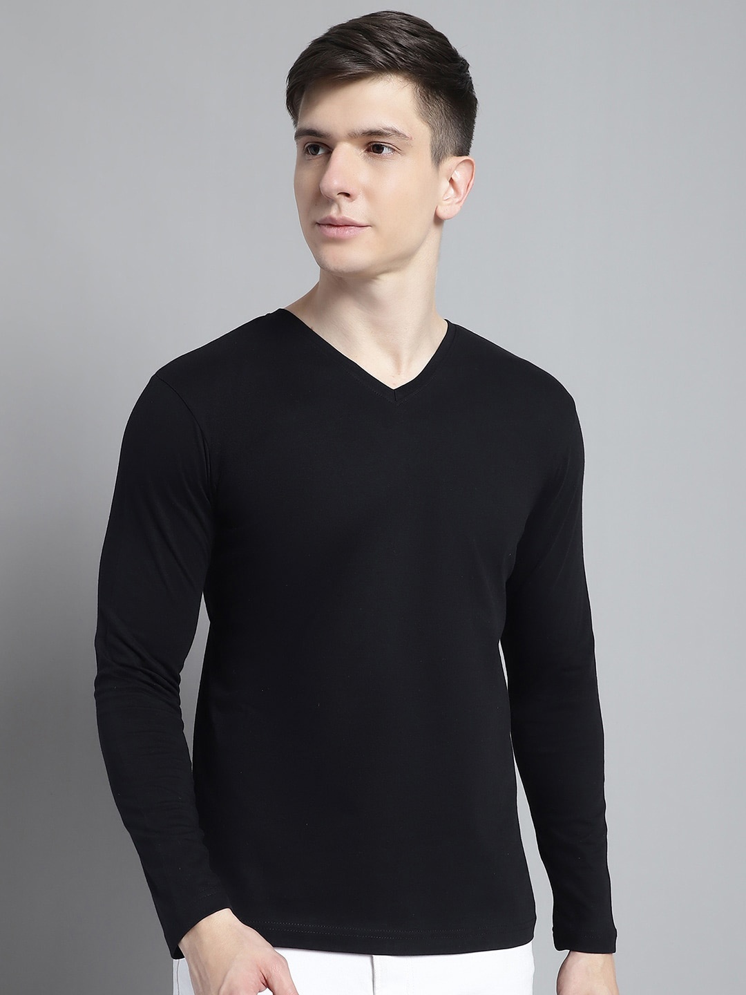 

FBAR Long Sleeves V-Neck Pure Cotton T-shirt, Black