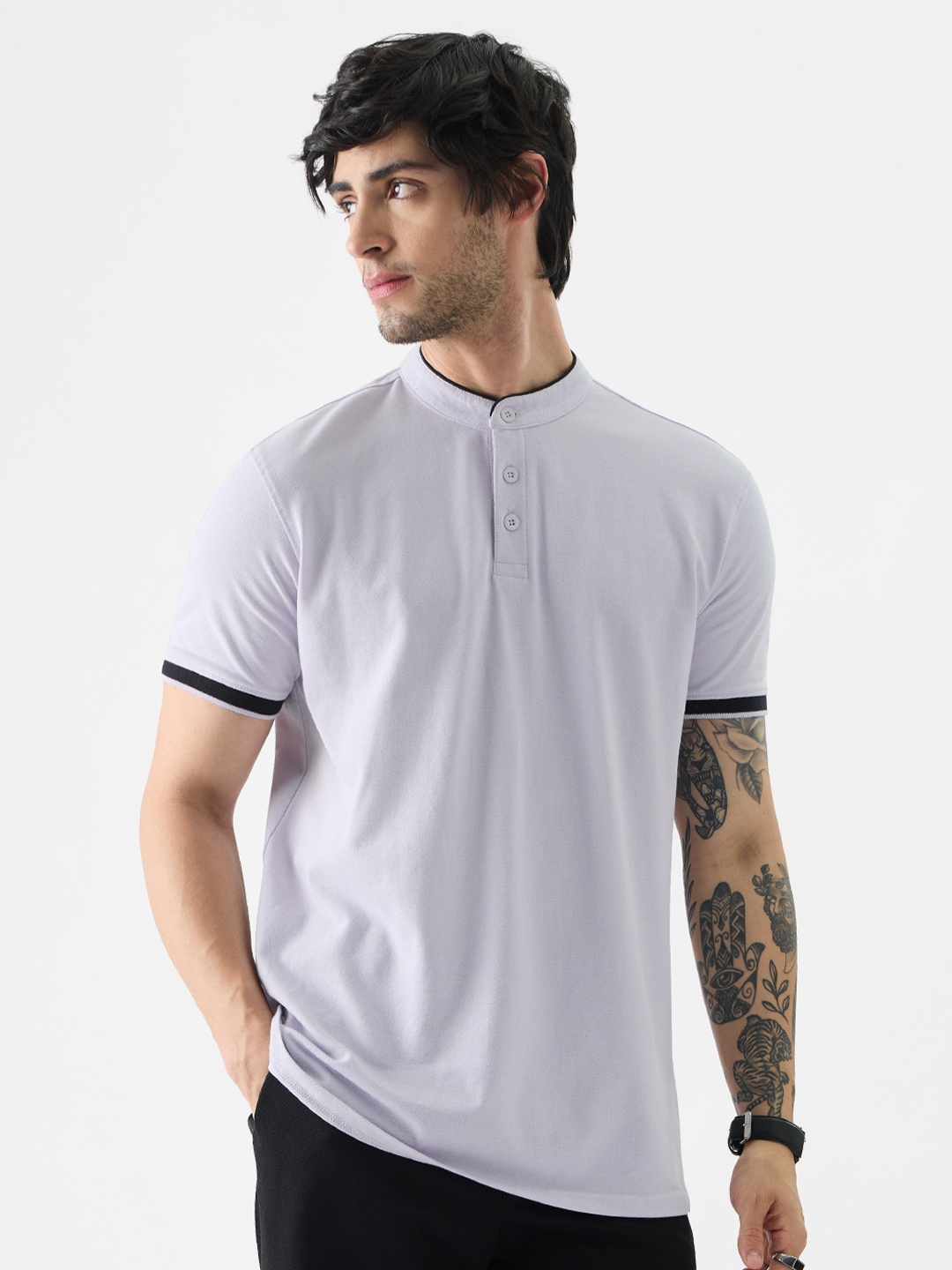 

The Souled Store Lavender Band Collar T-shirt