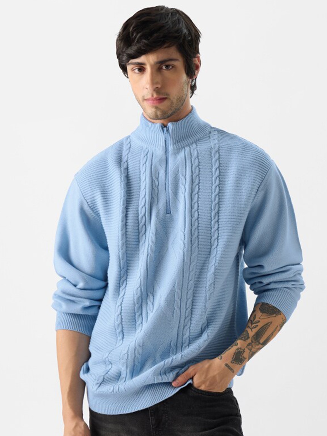 

The Souled Store Mock Collar Self Design Long Sleeves Acrylic Sweaters, Blue