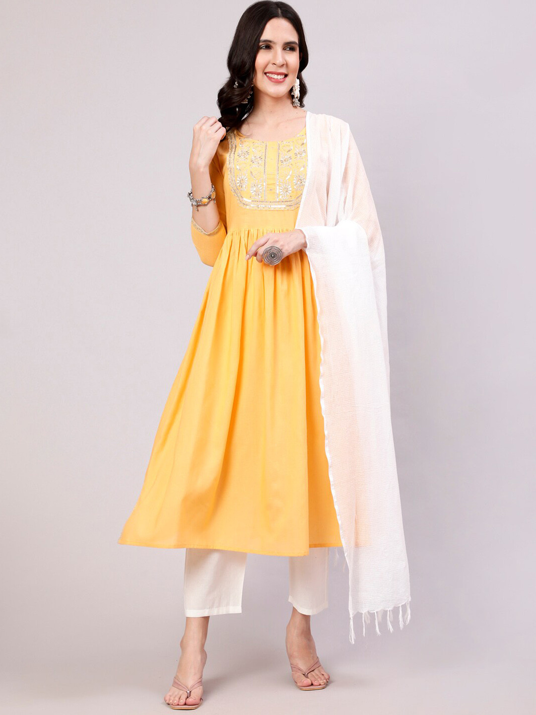 

THE NKS PLUS Embroidered Anarkali Kurta with Trousers & With Dupatta, Yellow
