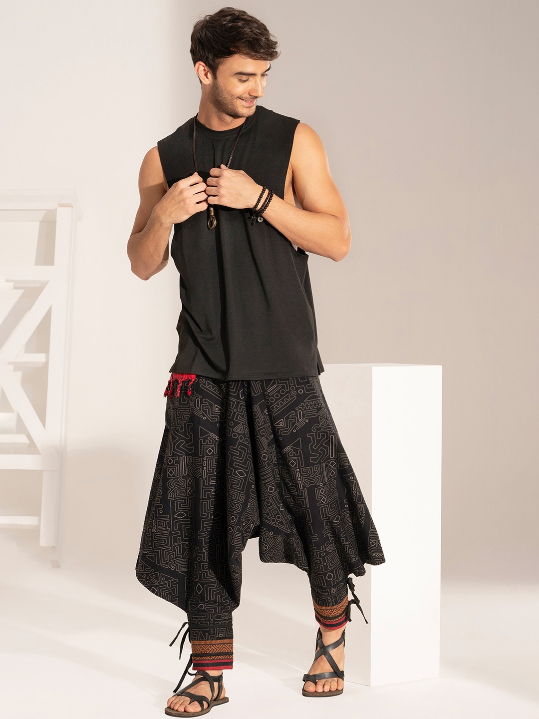 

The Veshti Company Men Tribal Printed Pure Cotton Loose Fit Harem Pants, Black