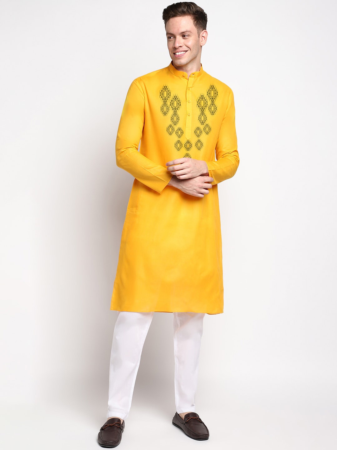 

DEVOILER Ethnic Motifs Printed Band Collar Kurta, Yellow