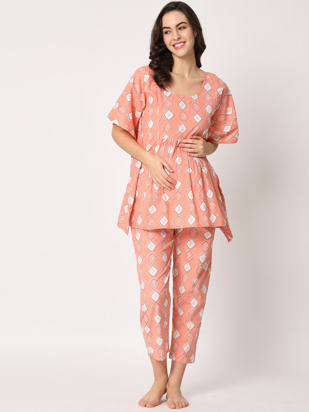 

Aujjessa Printed Maternity Feeding Pure Cotton Kaftan With Pyjamas, Peach