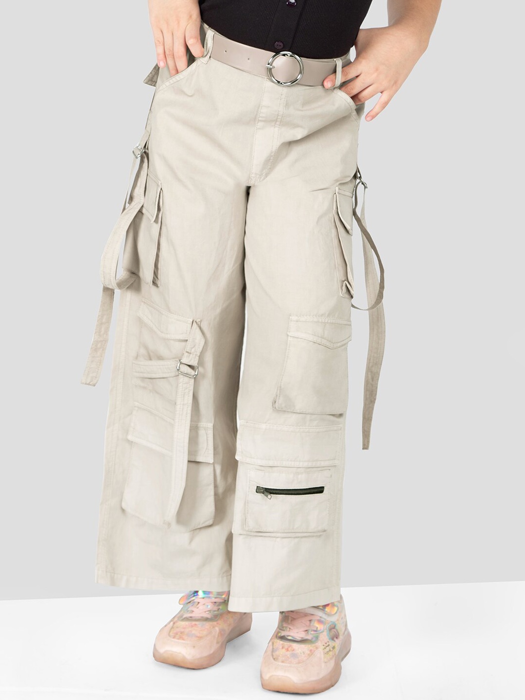 

Naughty Ninos Girls Comfort Loose Fit Easy Wash Cotton Cargos Trousers, Beige