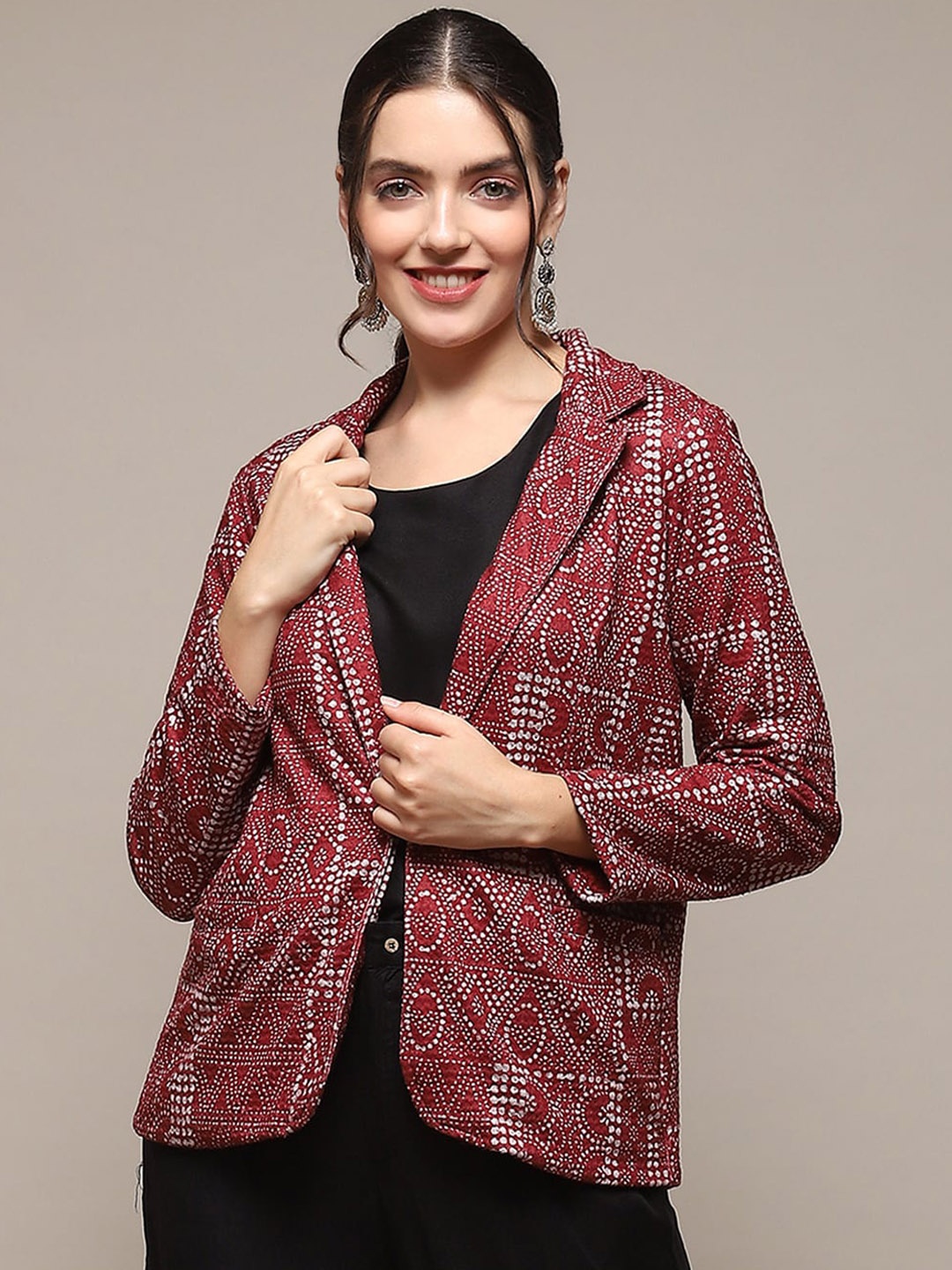 

Biba Printed Notched Lapel Collar Long Sleeve Single-Breasted Blazer, Maroon
