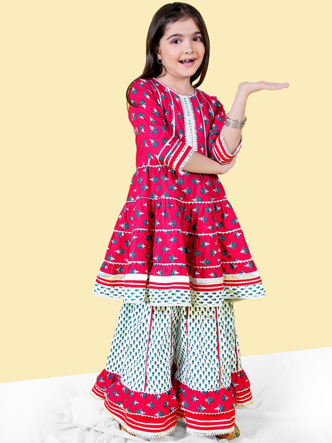 

Naughty Ninos Girls Ethnic Motifs Printed A-Line Gotta Patti Kurta With Sharara, Fuchsia