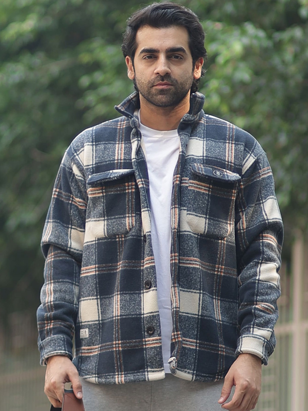 

Maniac Checked Long Sleeves Fleece Open Front Jacket, Navy blue