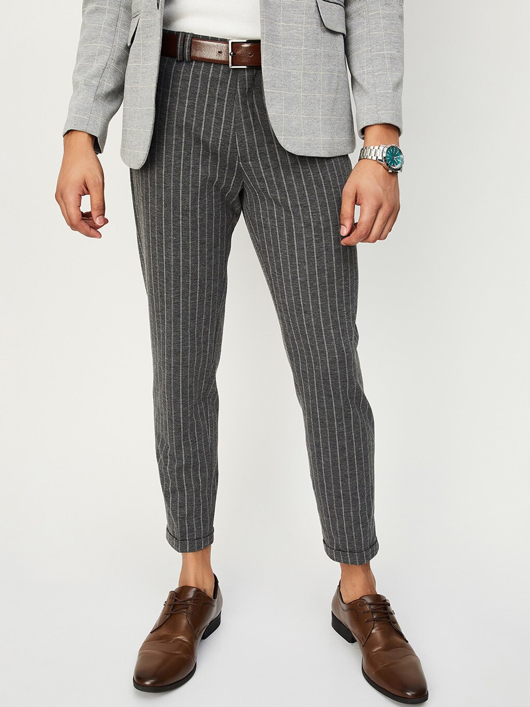 

max Men Mid-Rise Striped Trousers, Grey