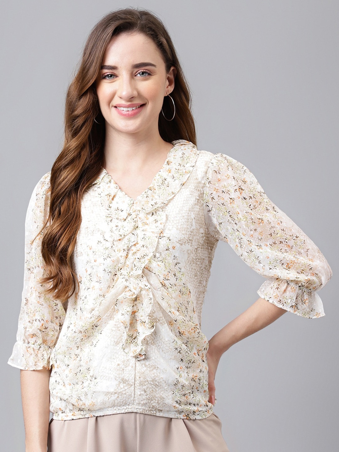 

Latin Quarters Floral Bell Sleeve Top, Beige