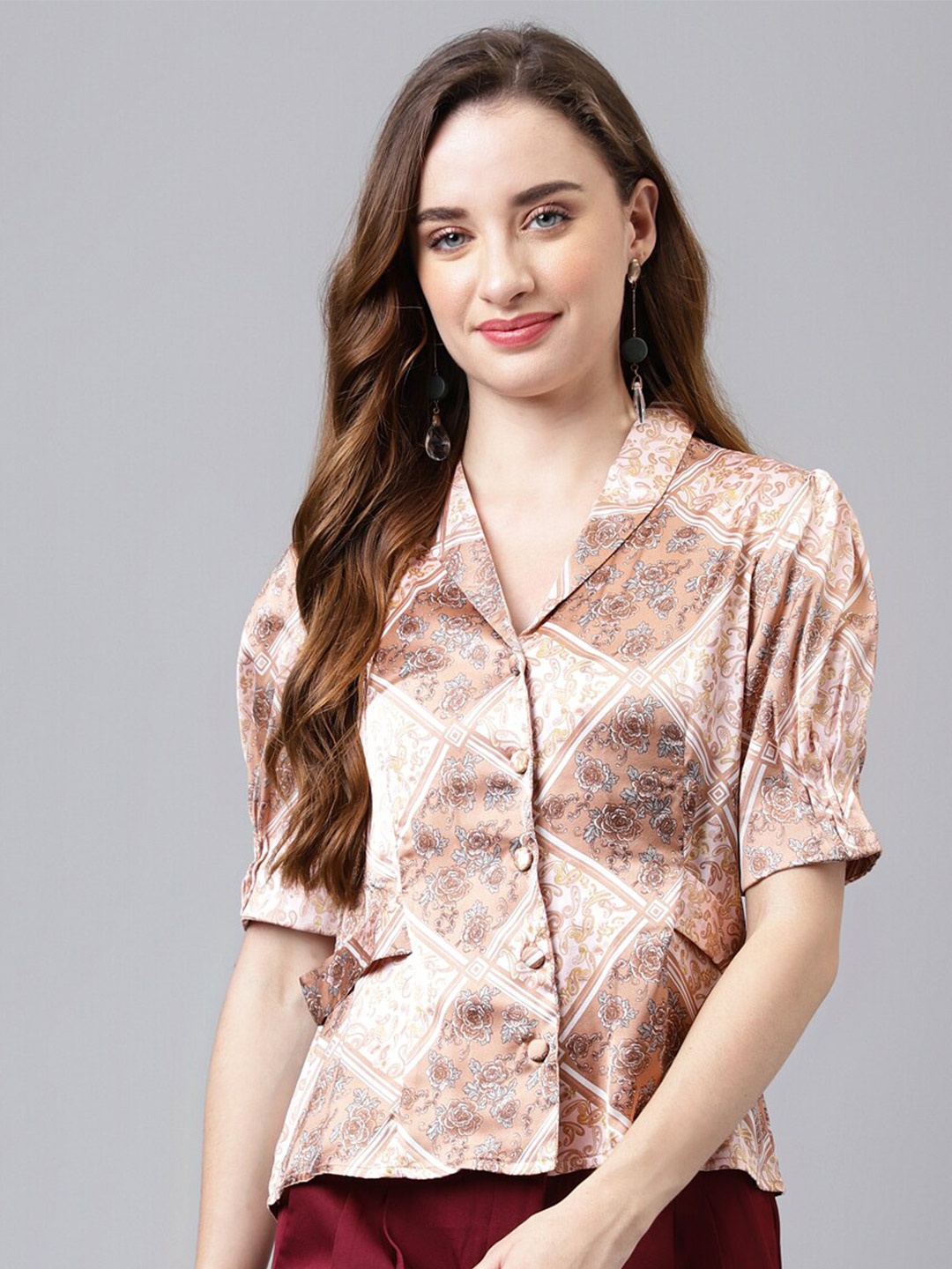 

Latin Quarters Floral Print Puff Sleeve Shirt Style Top, Brown