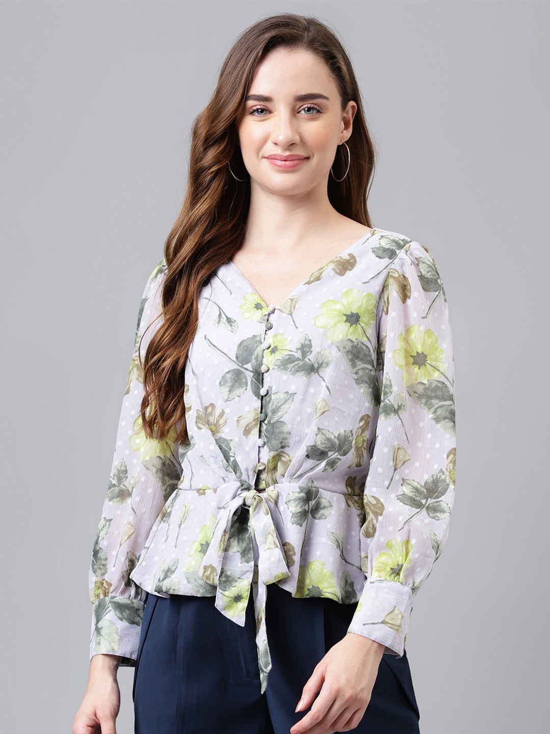 

Latin Quarters Floral Printed V-Neck Cinched Waist Top, Grey