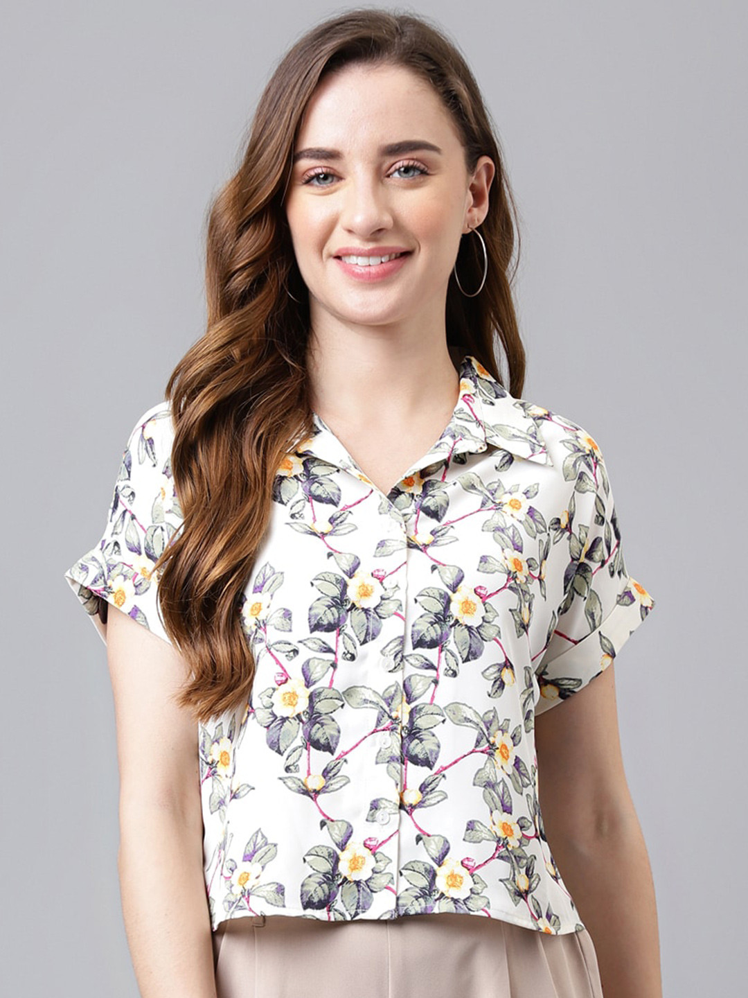 

Latin Quarters Floral Printed Shirt Style Top, White