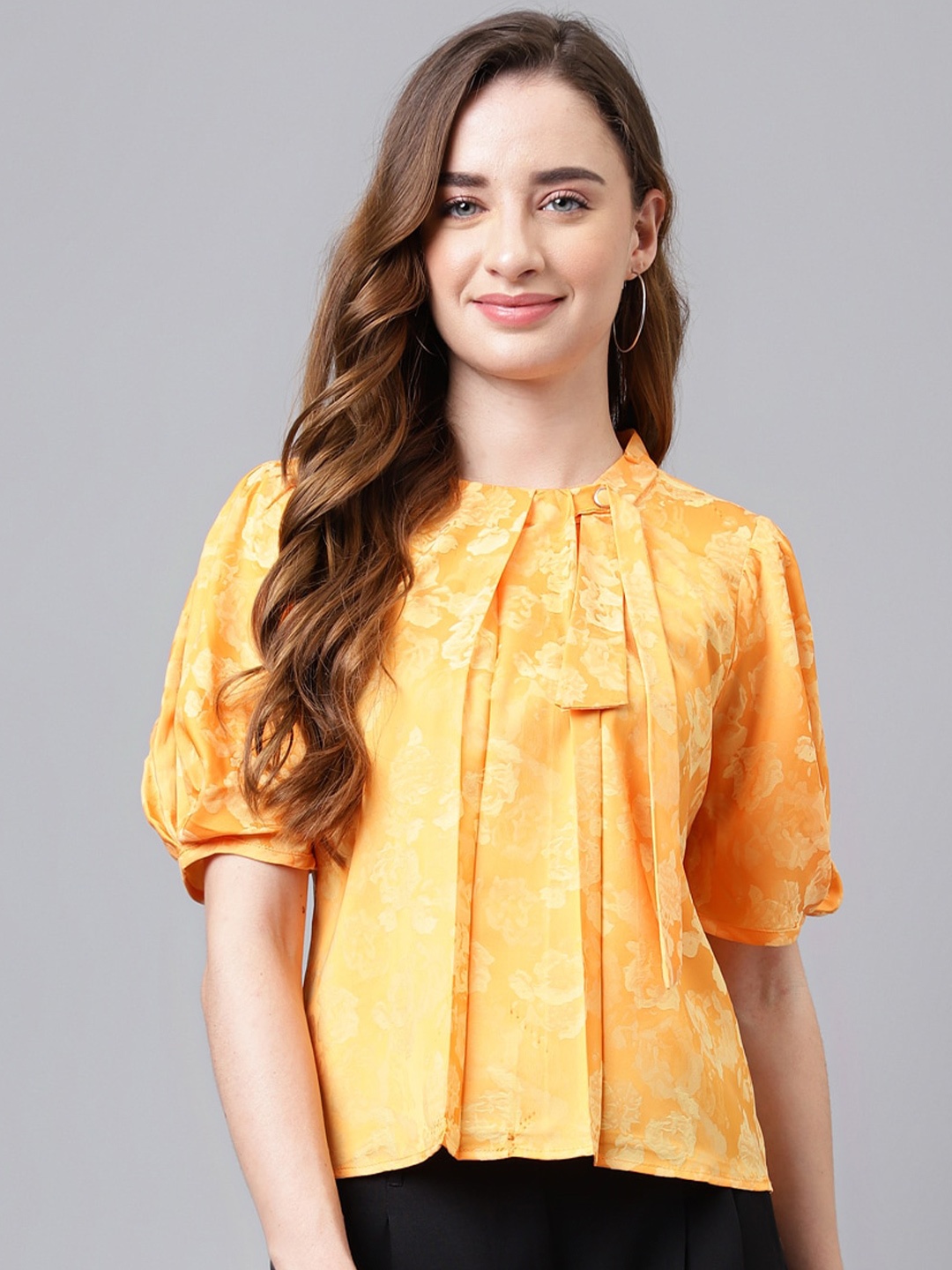 

Latin Quarters Floral Printed Tie-Up Neck Puff Sleeve Top, Orange