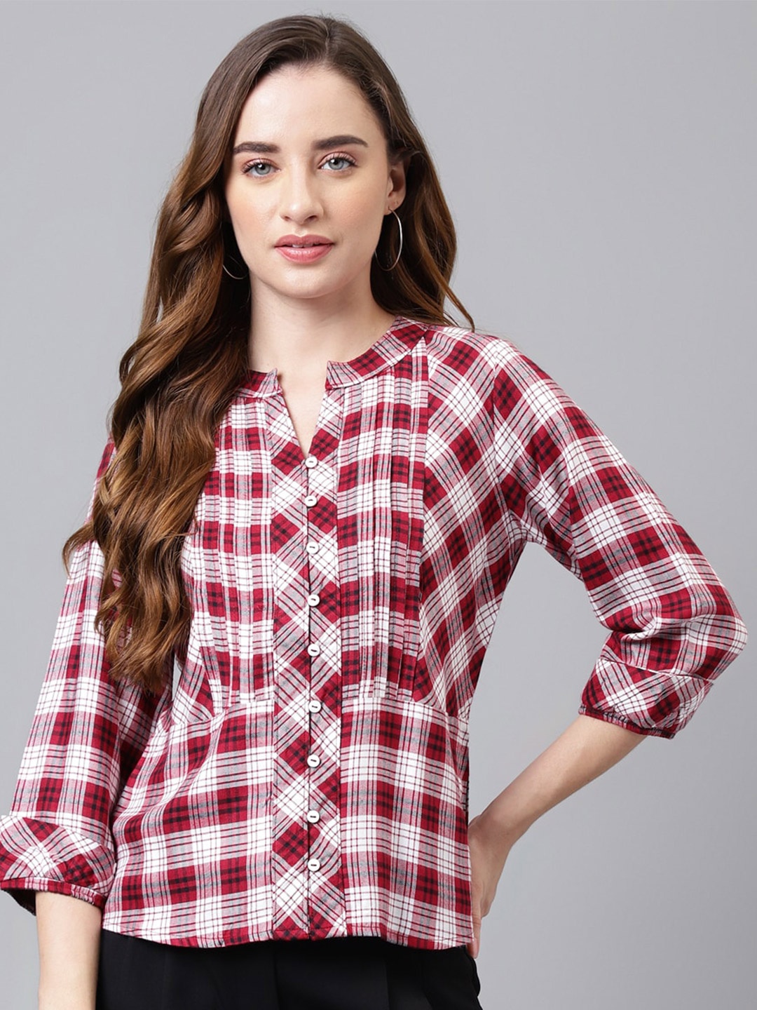 

Latin Quarters Checked Mandarin Collar cuffed Sleeves Shirt Style Top, Red