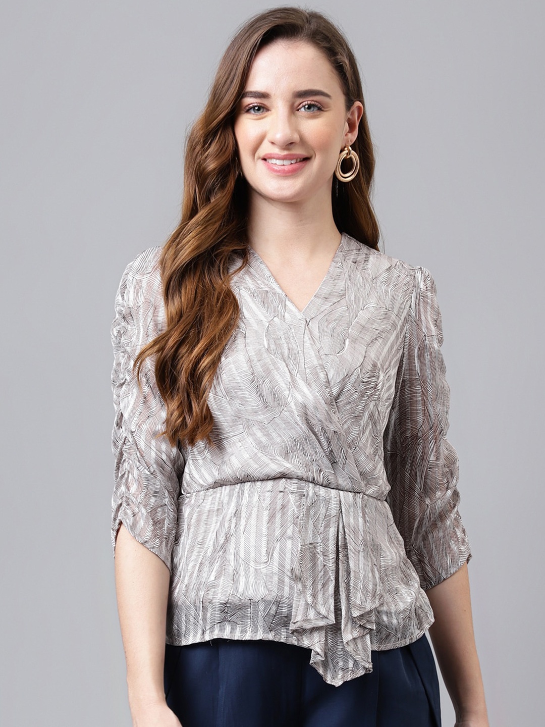 

Latin Quarters Abstract Printed V-Neck Wrap Top, Grey