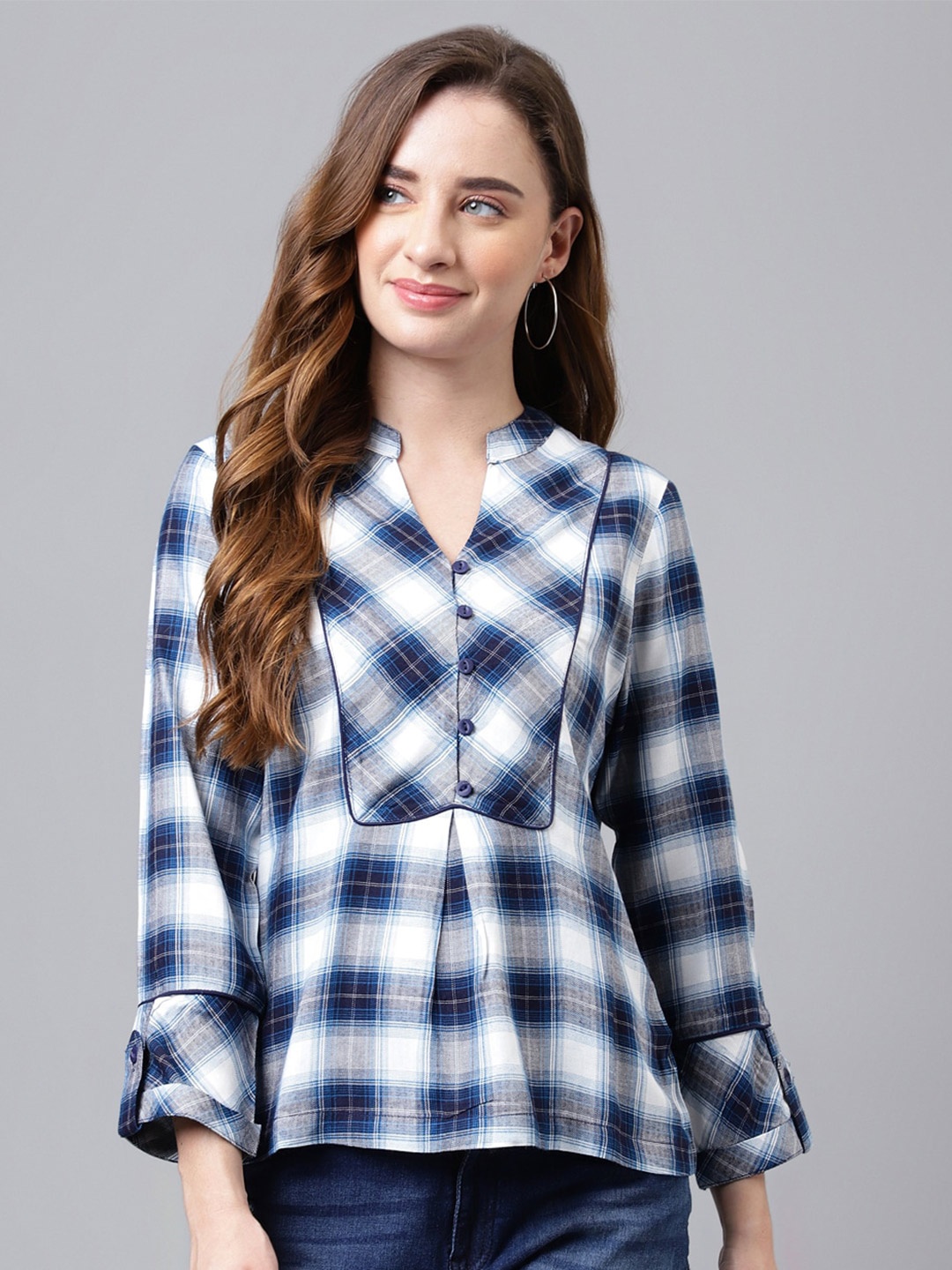 

Latin Quarters Checked Mandarin Collar Shirt Style Top, Teal