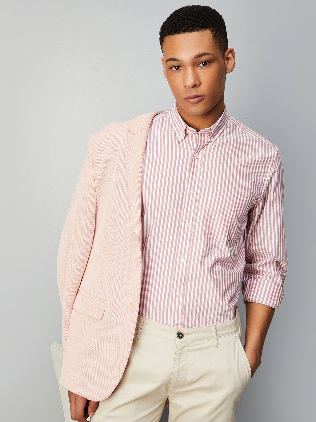 

max Vertical Stripes Button-Down Collar Pure Cotton Casual Shirt, Pink