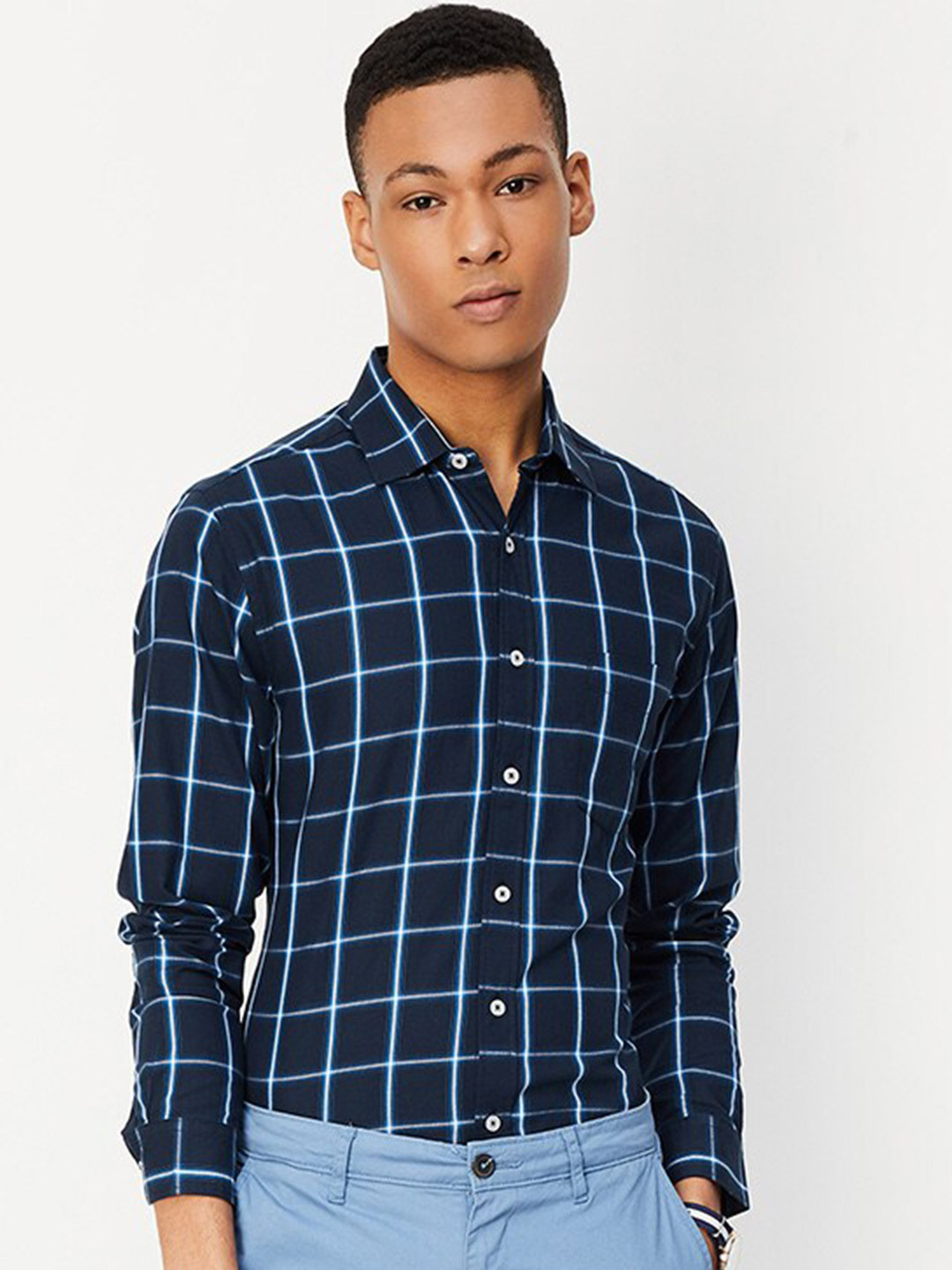 

max Spread Collar Windowpane Checked Casual Pure Cotton Shirt, Blue