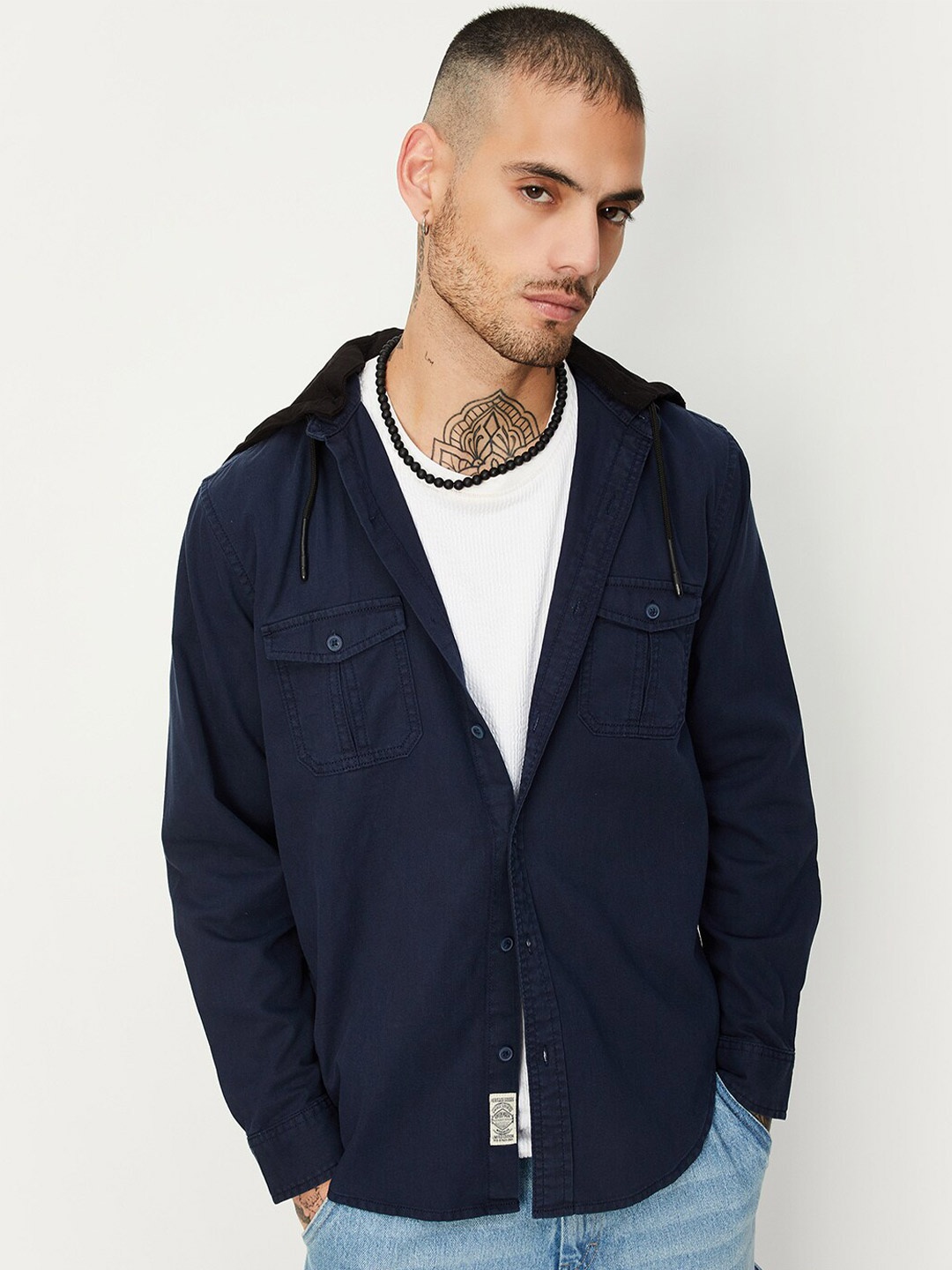 

max Hooded Pure Cotton Casual Shirt, Navy blue