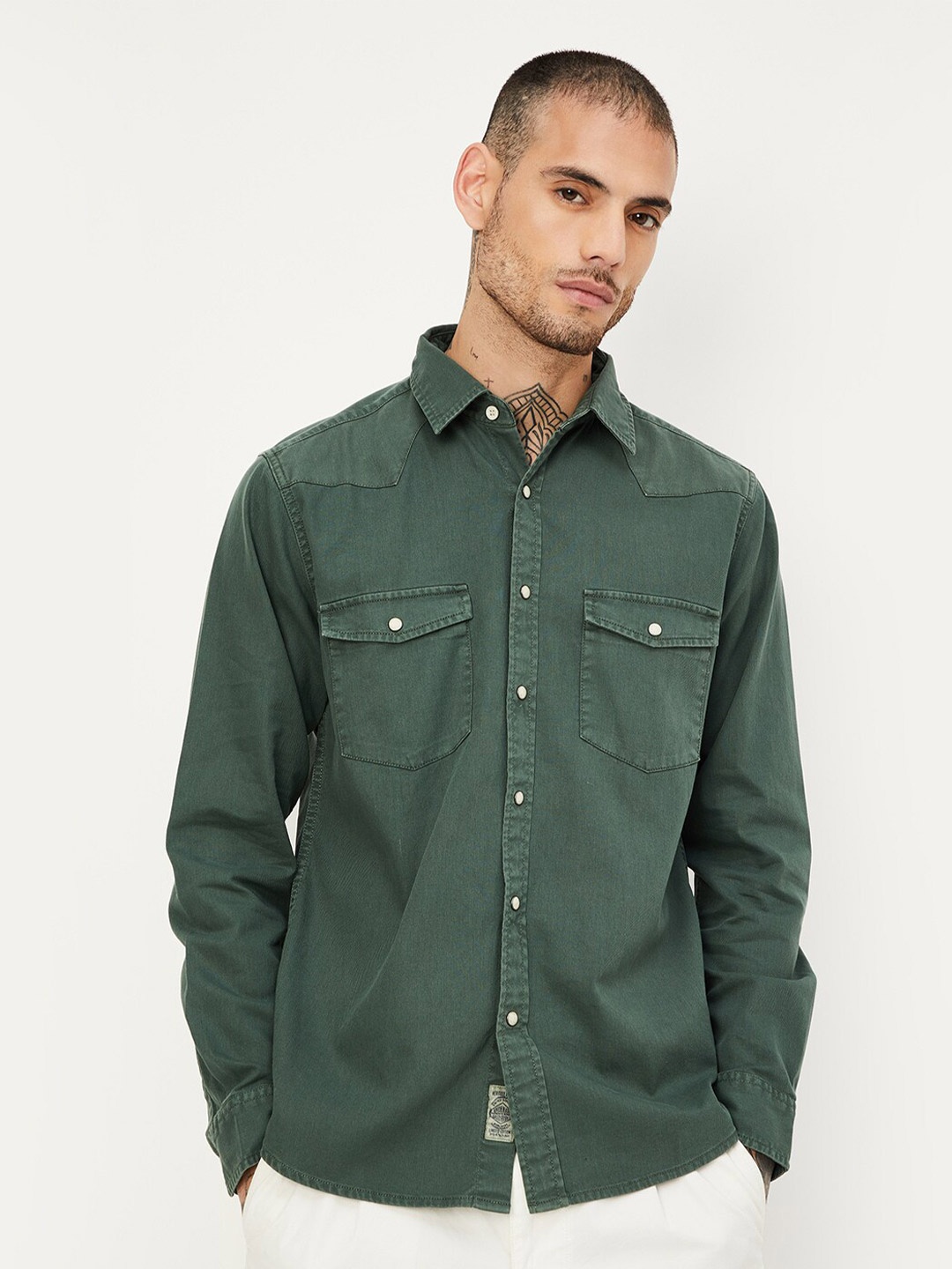 

max Spread Collar Pure Cotton Casual Shirt, Green