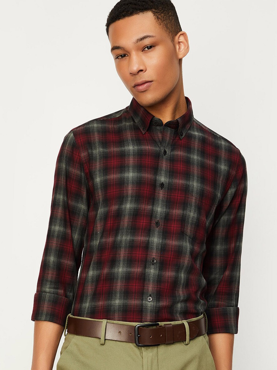 

max Spread Collar Tartan Checked Casual Pure Cotton Shirt, Maroon