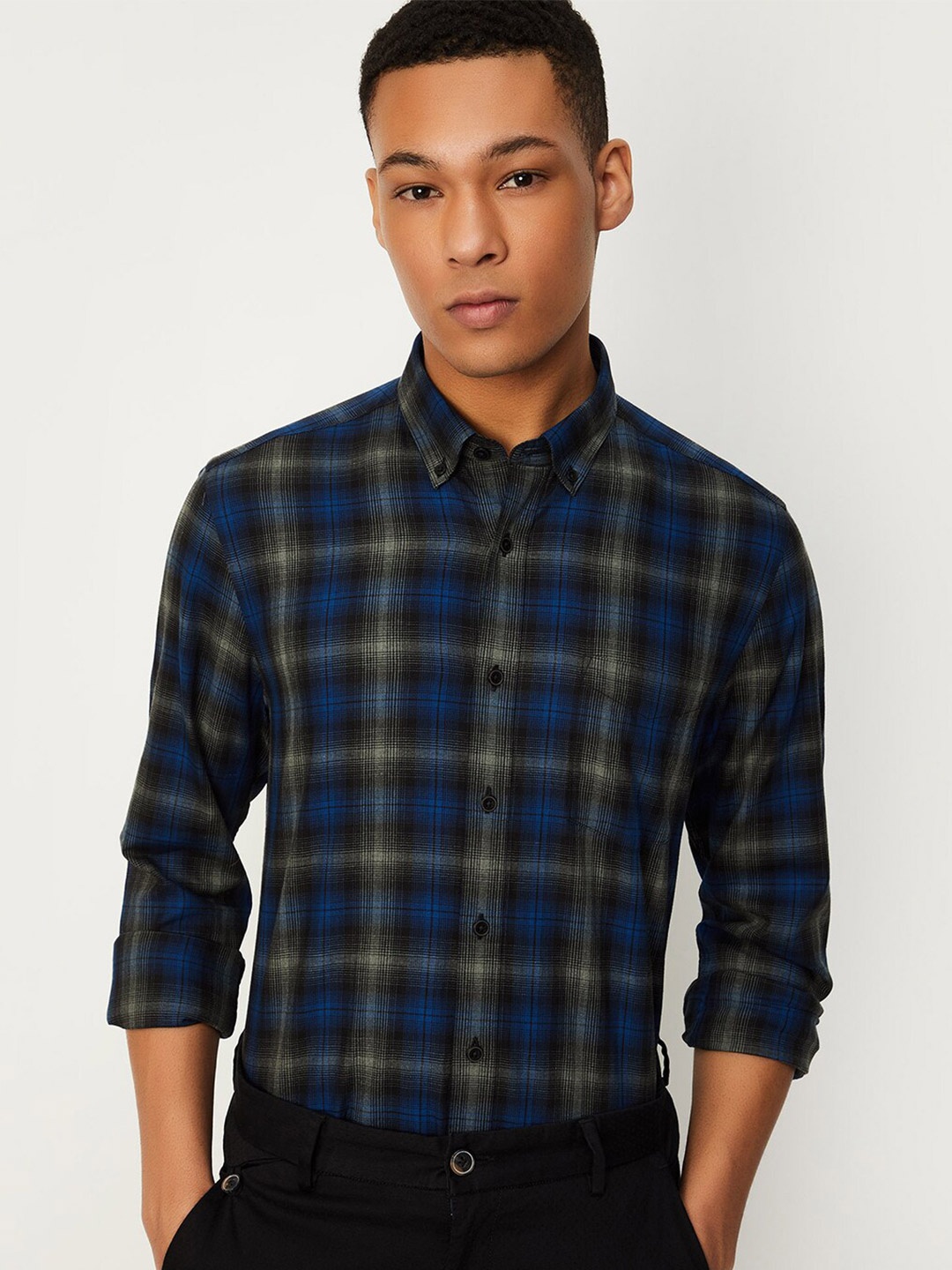 

max Spread Collar Checked Casual Pure Cotton Shirt, Blue