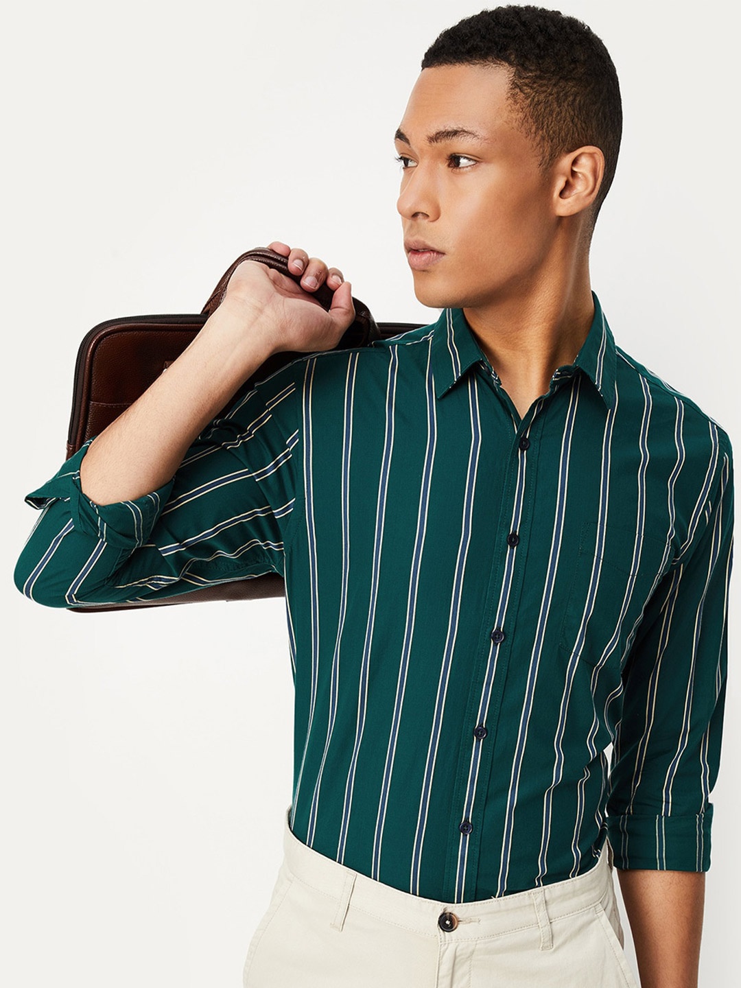 

max Spread Collar Striped Casual Pure Cotton Shirt, Green