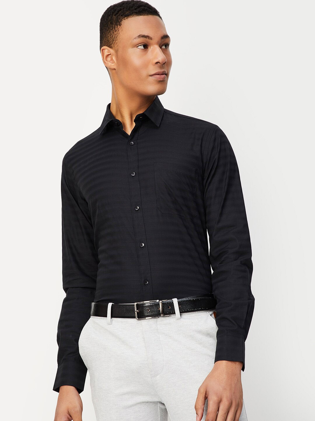 

max Striped Spread Collar Casual Pure Cotton Shirt, Black