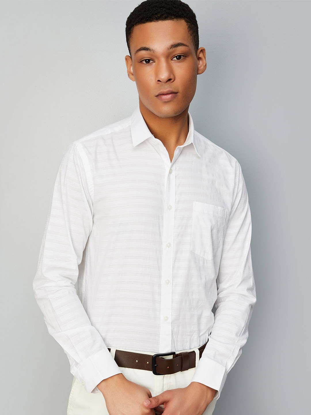 

max Striped Spread Collar Casual Pure Cotton Shirt, White